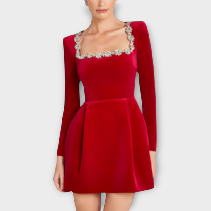 Frauke | Samt-Mini-Kleid mit Juwelenverzierung