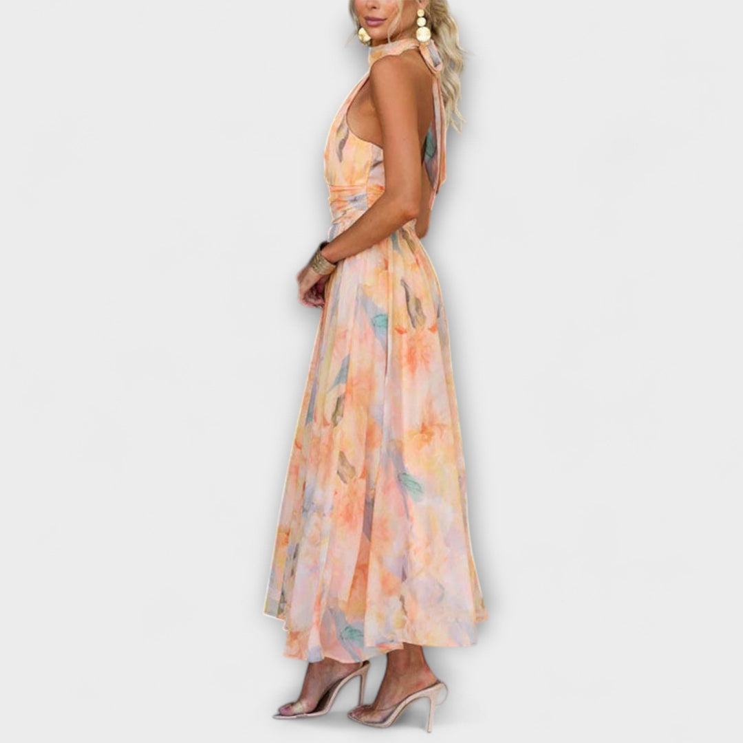 Eleonore | Halter-Neck Aquarell Druck Maxikleid