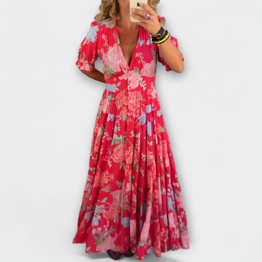 Marianne | Blumenmuster V-Ausschnitt Taschenkleid