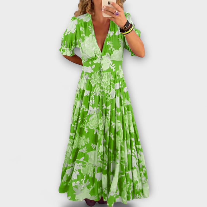 Marianne | Blumenmuster V-Ausschnitt Taschenkleid
