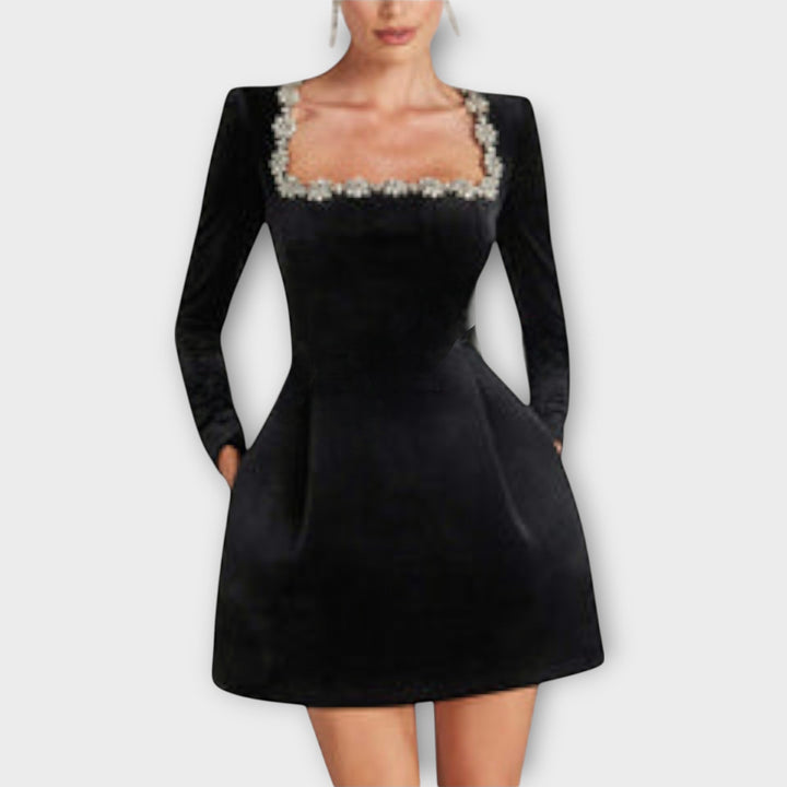 Frauke | Samt-Mini-Kleid mit Juwelenverzierung