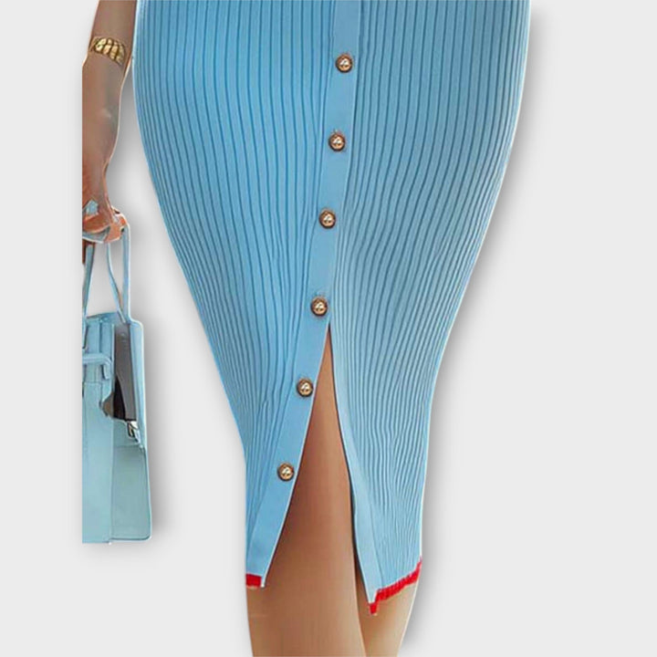 Josefine | Schickes Babyblaues Rippstrick-Bleistiftkleid