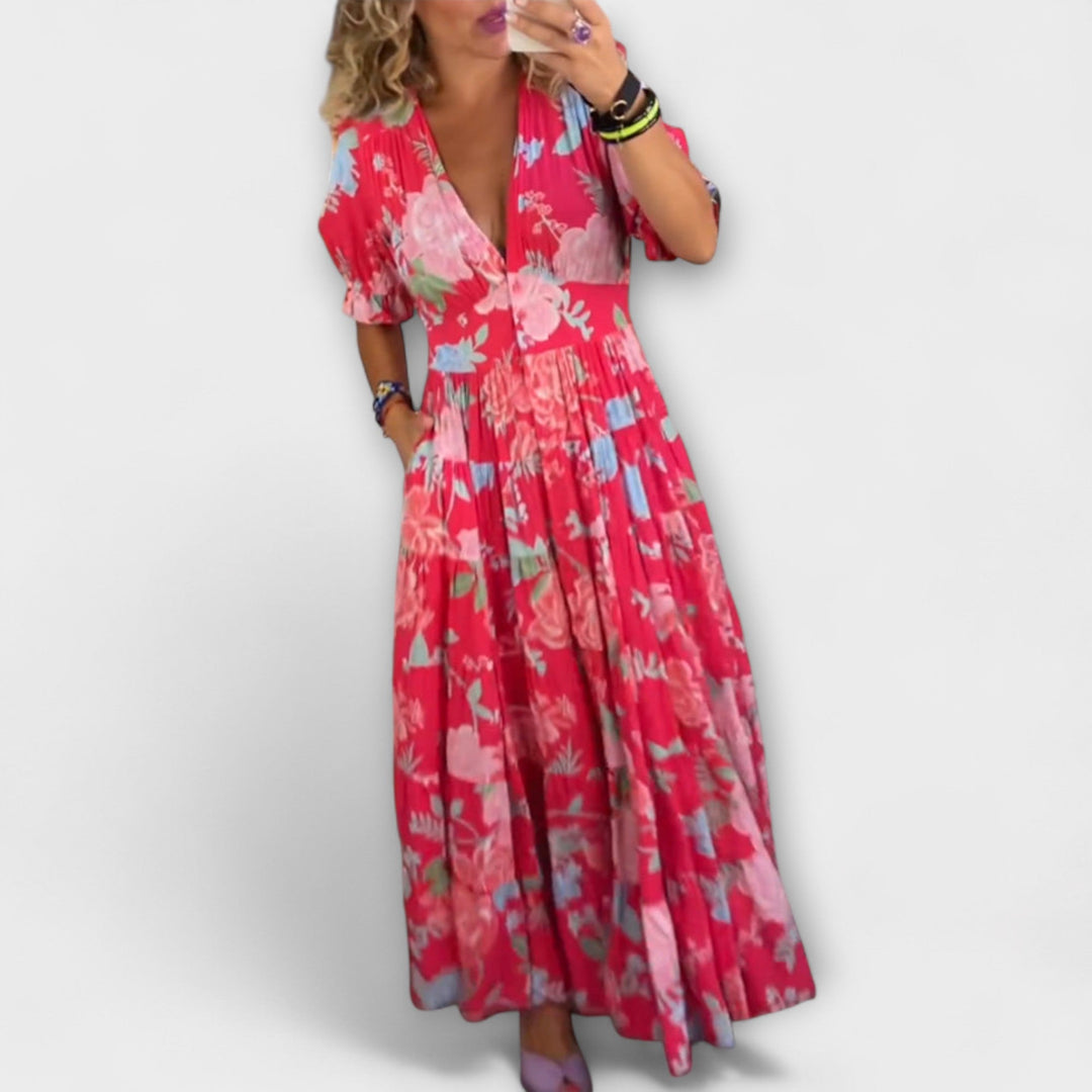 Marianne | Blumenmuster V-Ausschnitt Taschenkleid