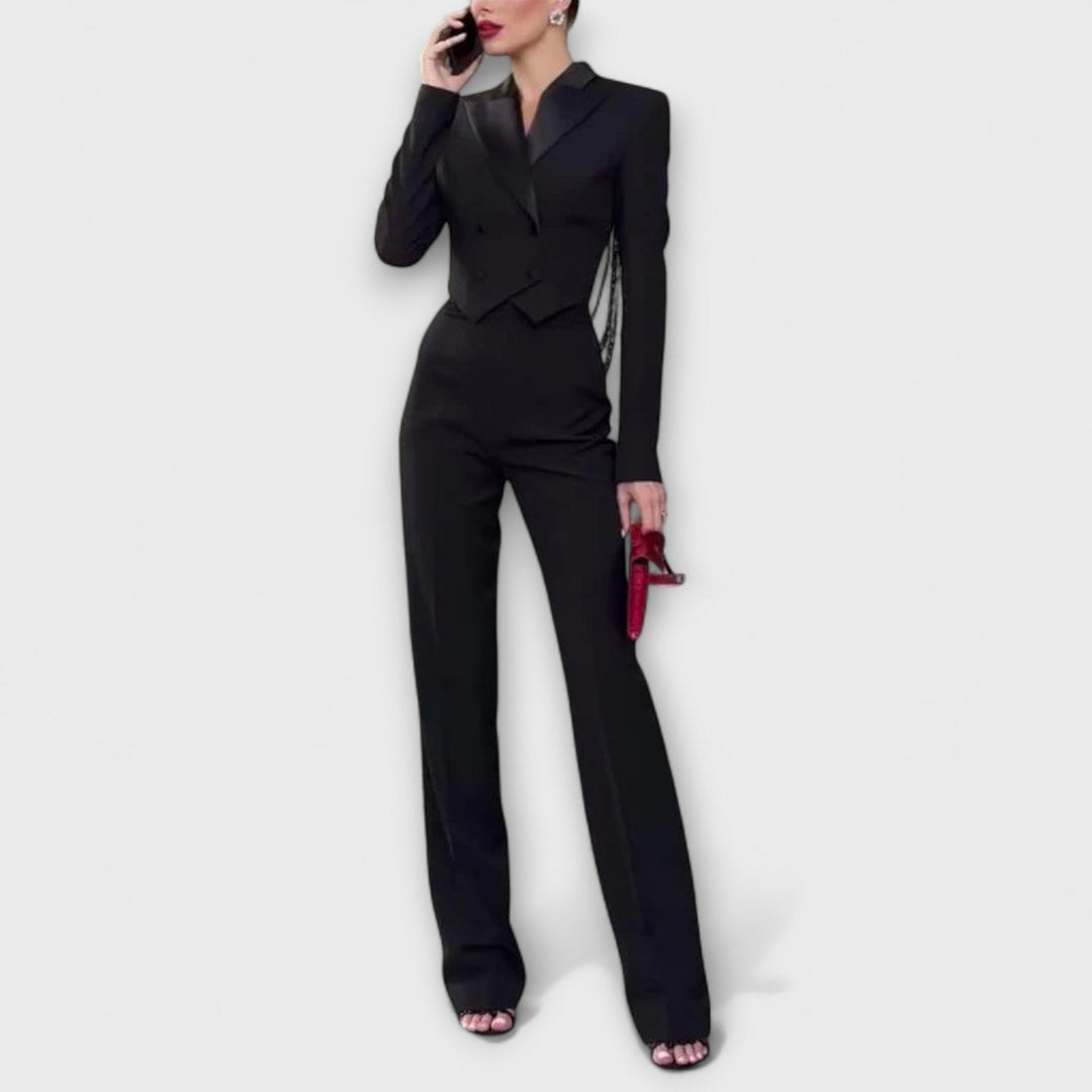 Eva-Maria | Schwarzes Perlenbesetztes Rückenfreies Kurzes Blazer-Set