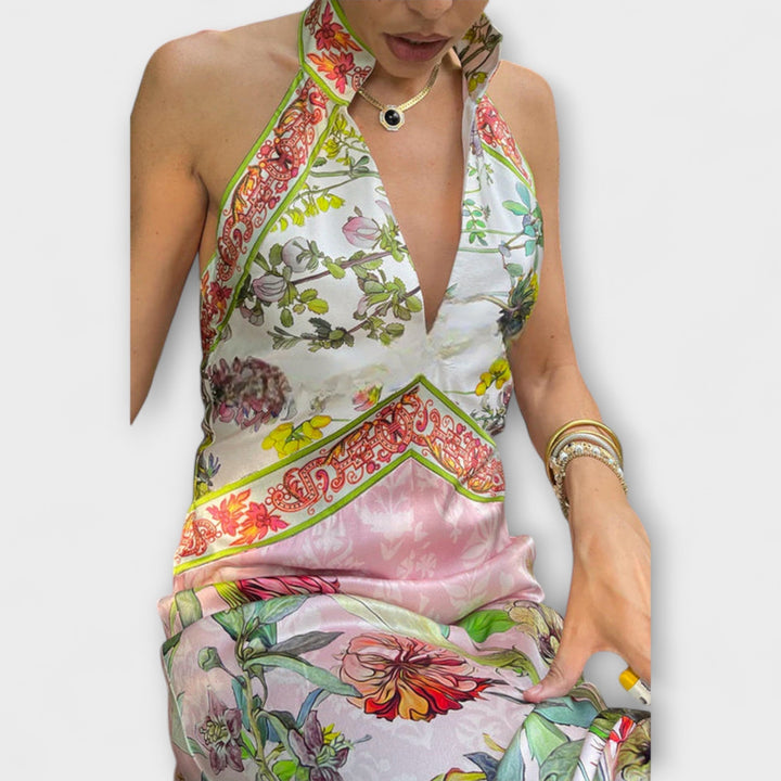 Helena | Blumenmuster Ärmelloses Offenes Rücken Maxikleid