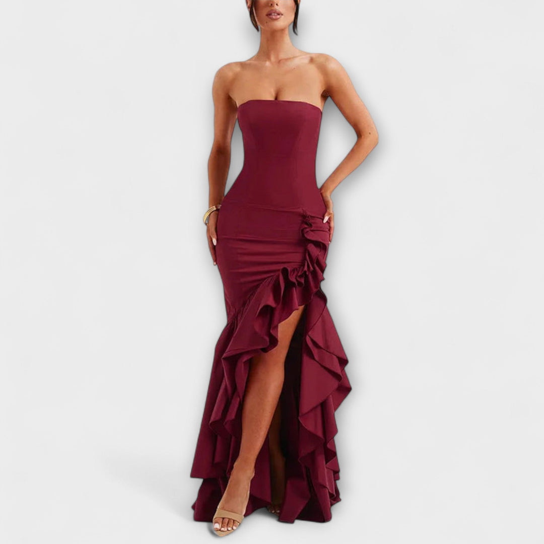 Vivien | schulterfrei figurbetont Maxikleid mit asymmetrischem Saum