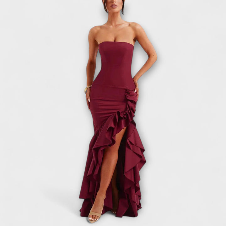 Vivien | schulterfrei figurbetont Maxikleid mit asymmetrischem Saum