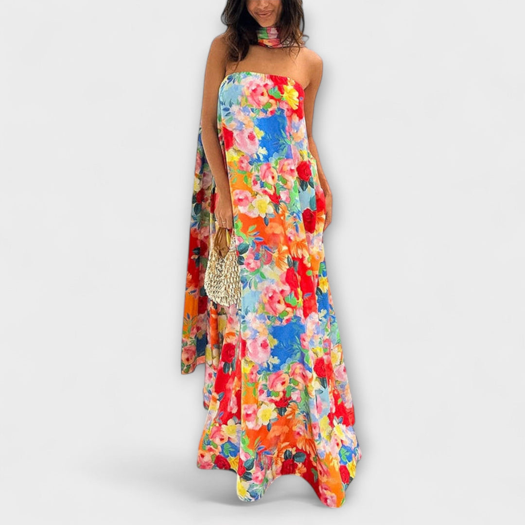 Verena | schulterfrei Maxikleid mit Blumenmuster