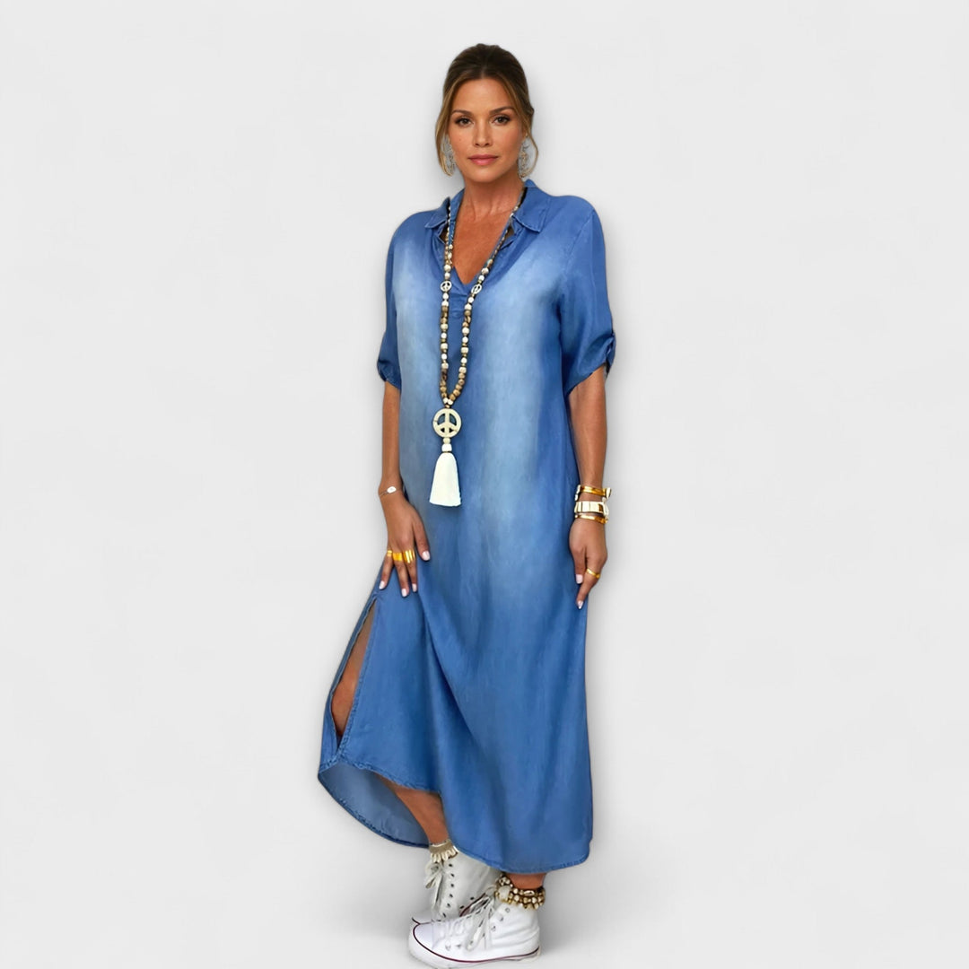 Gunda | Langes Jeans-Look Kleid mit Seitenschlitz