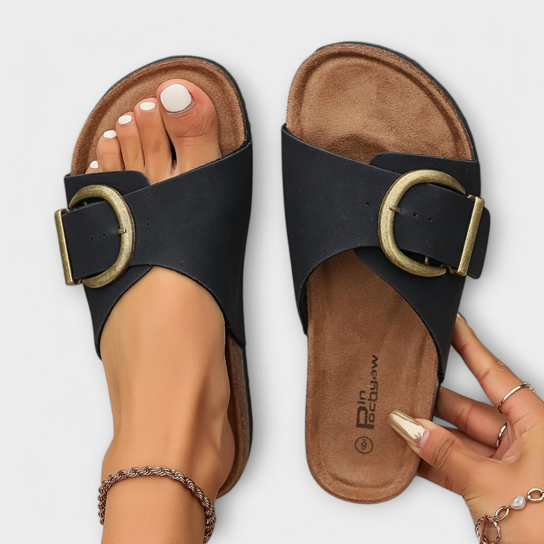 Gudrun | Damen Kork Pantoletten mit Schnallenriemen Design
