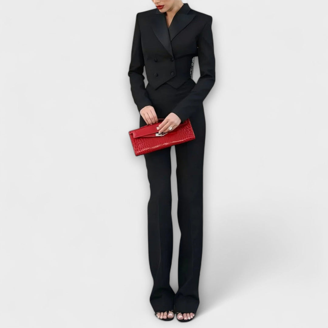 Eva-Maria | Schwarzes Perlenbesetztes Rückenfreies Kurzes Blazer-Set