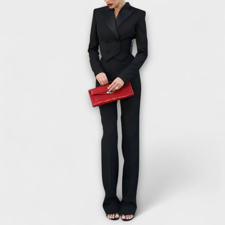 Eva-Maria | Schwarzes Perlenbesetztes Rückenfreies Kurzes Blazer-Set