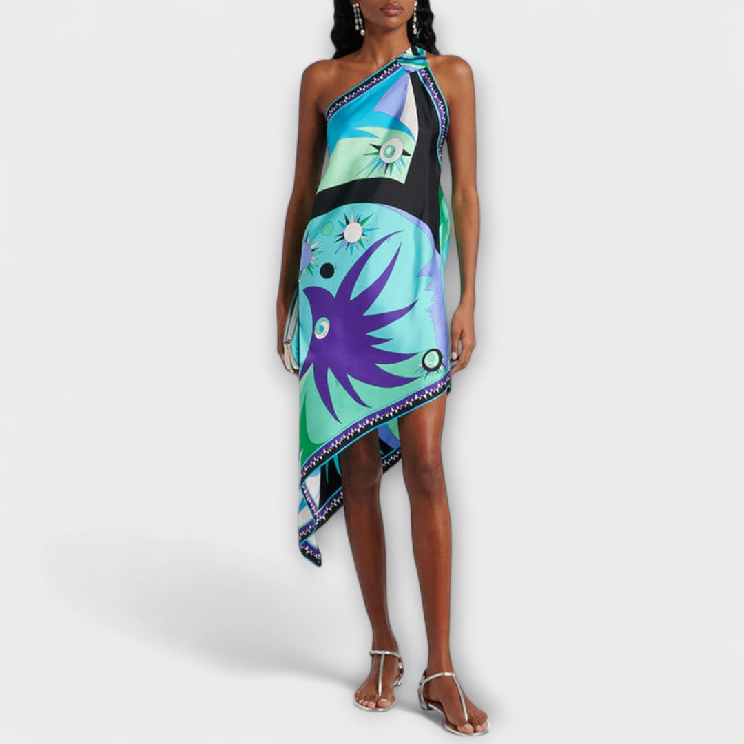 Hella | Einzigartiges Druck Satin-Midi-Kleid mit asymmetrischem Saum