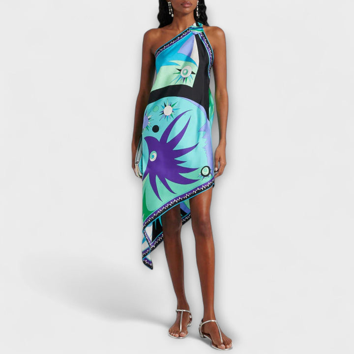 Hella | Einzigartiges Druck Satin-Midi-Kleid mit asymmetrischem Saum