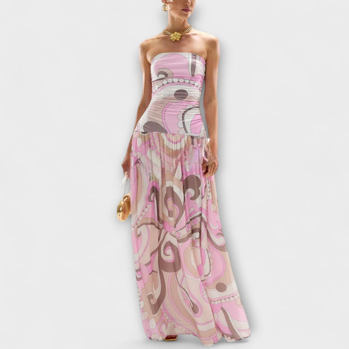 Isabelle | Atemberaubendes pastellfarbenes schulterfreies Maxikleid