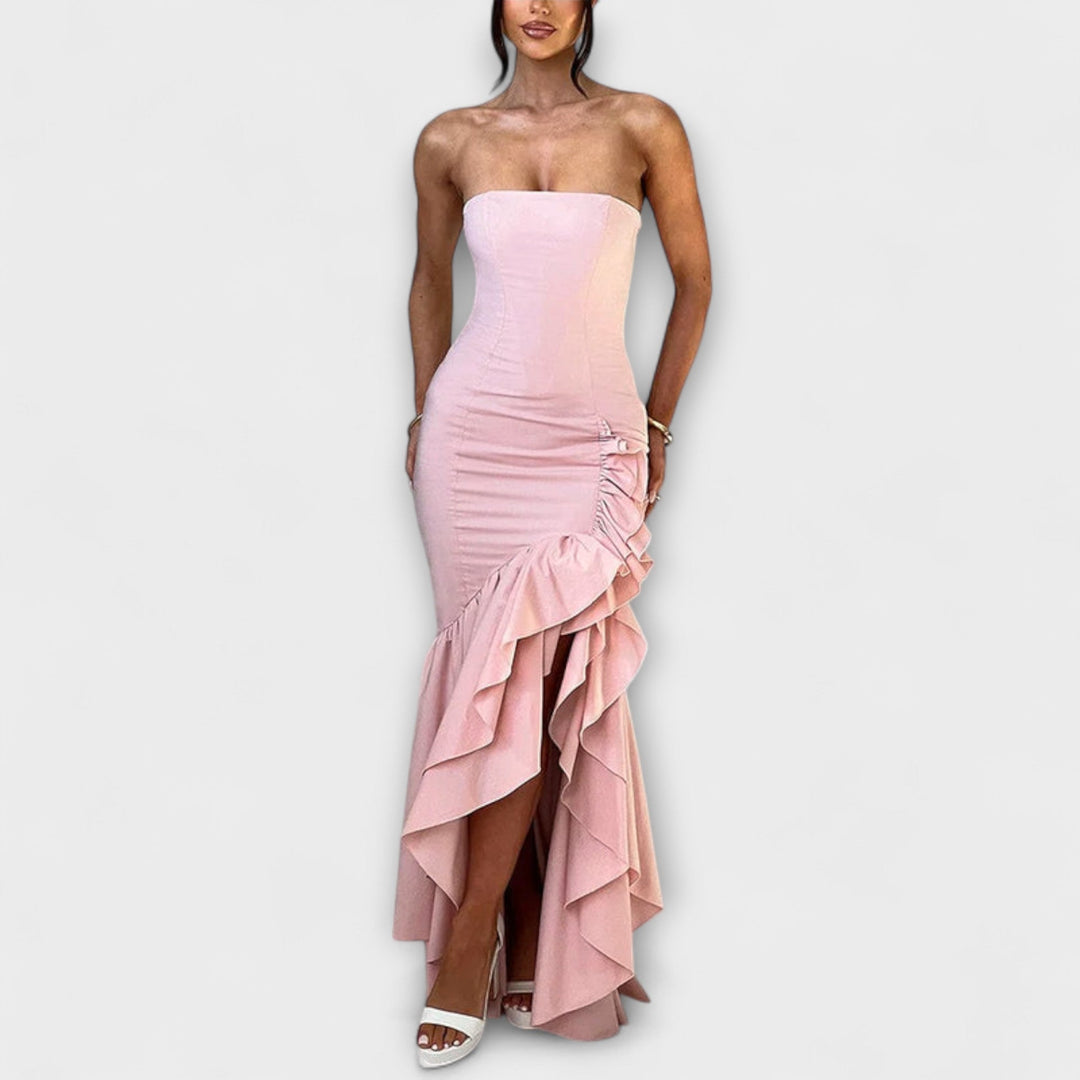 Vivien | schulterfrei figurbetont Maxikleid mit asymmetrischem Saum
