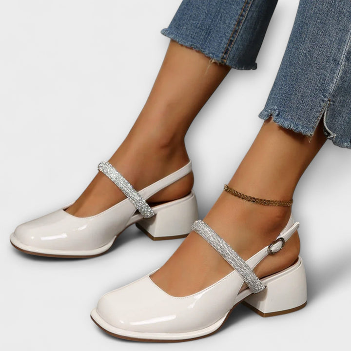 Margarete | Mary Janes mit Glitzer-Riemen und Blockabsatz