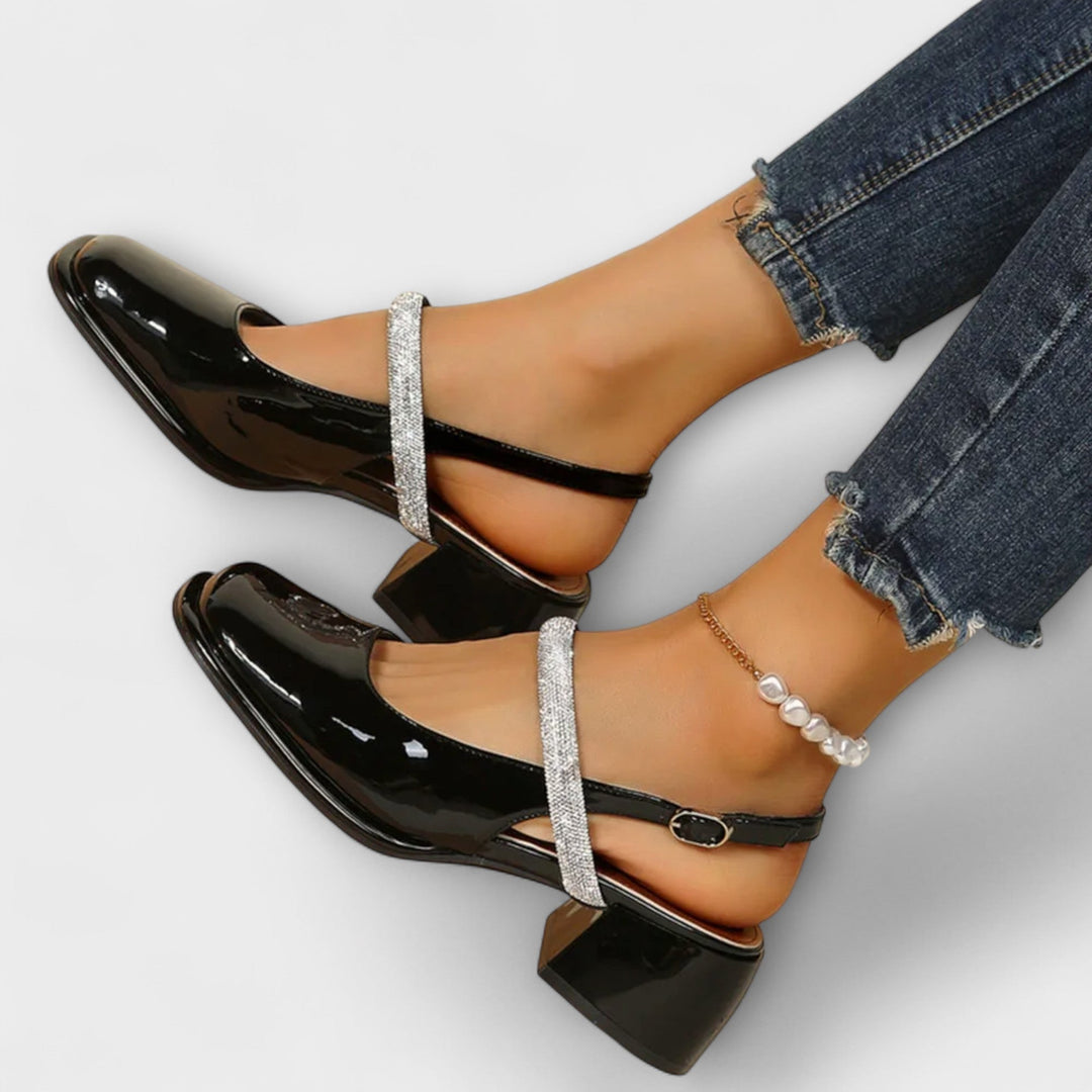 Margarete | Mary Janes mit Glitzer-Riemen und Blockabsatz