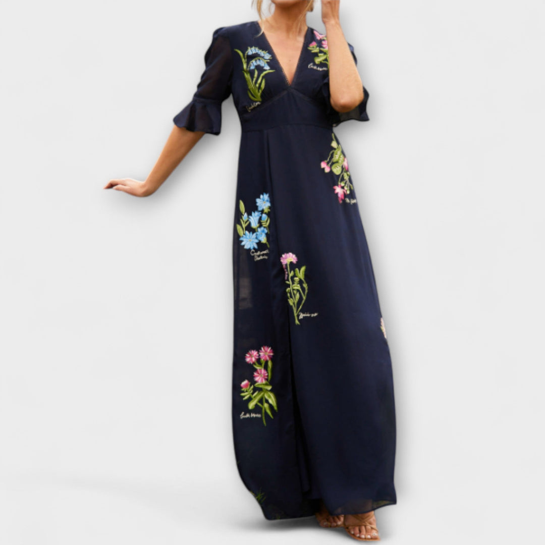 Trude | Elegantes Navy Blau Kleid mit floralstickerei