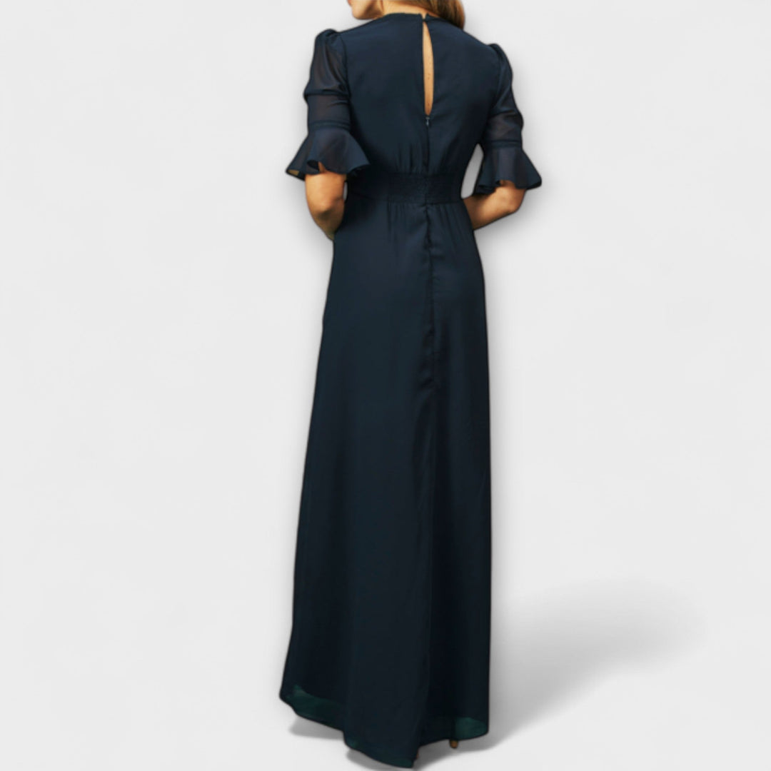 Trude | Elegantes Navy Blau Kleid mit floralstickerei