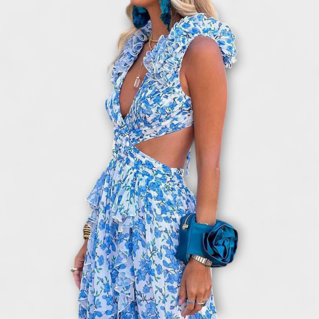 Tanja | Maxikleid mit Rüschensäumen und Cut-Out-Details