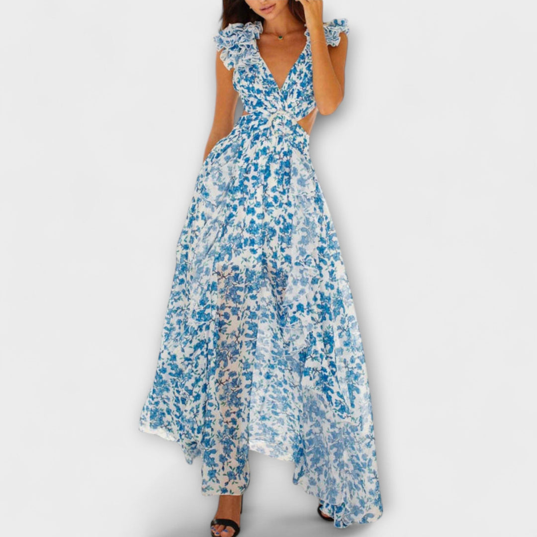 Tanja | Maxikleid mit Rüschensäumen und Cut-Out-Details