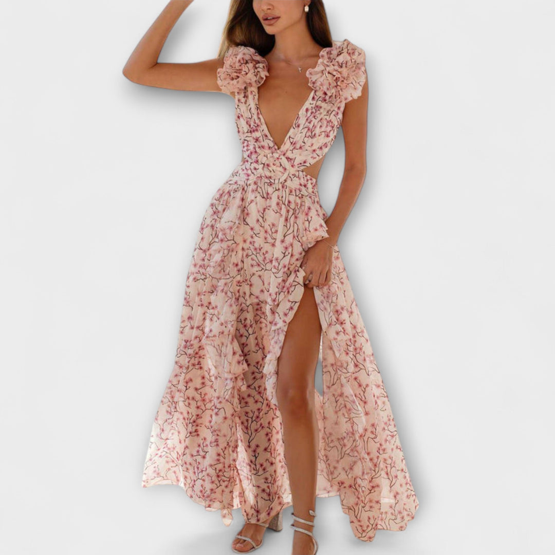 Tanja | Maxikleid mit Rüschensäumen und Cut-Out-Details