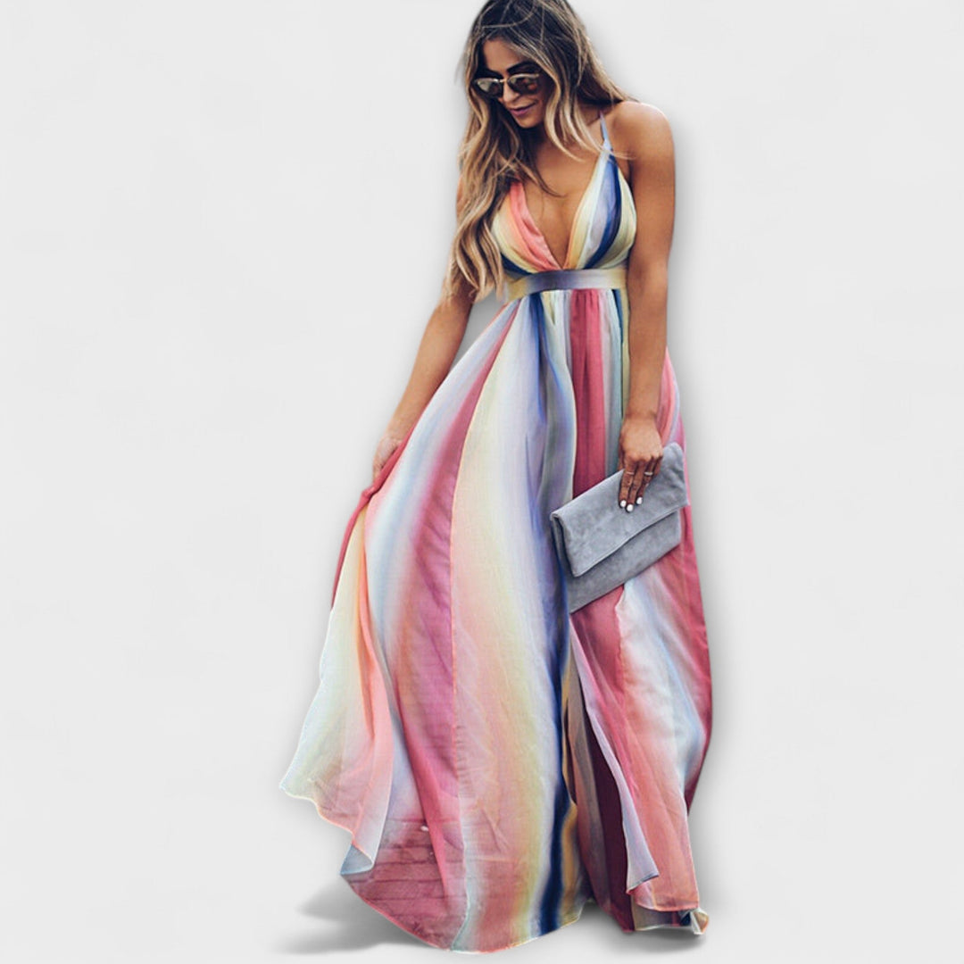 Rita | Mehrfarbig Gestreiftes Damenkleid mit V-Ausschnitt