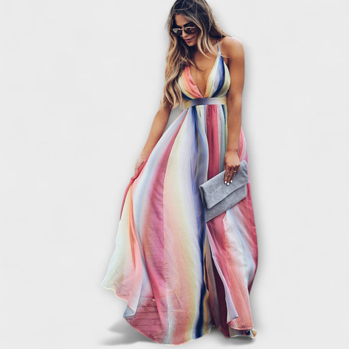 Rita | Mehrfarbig Gestreiftes Damenkleid mit V-Ausschnitt
