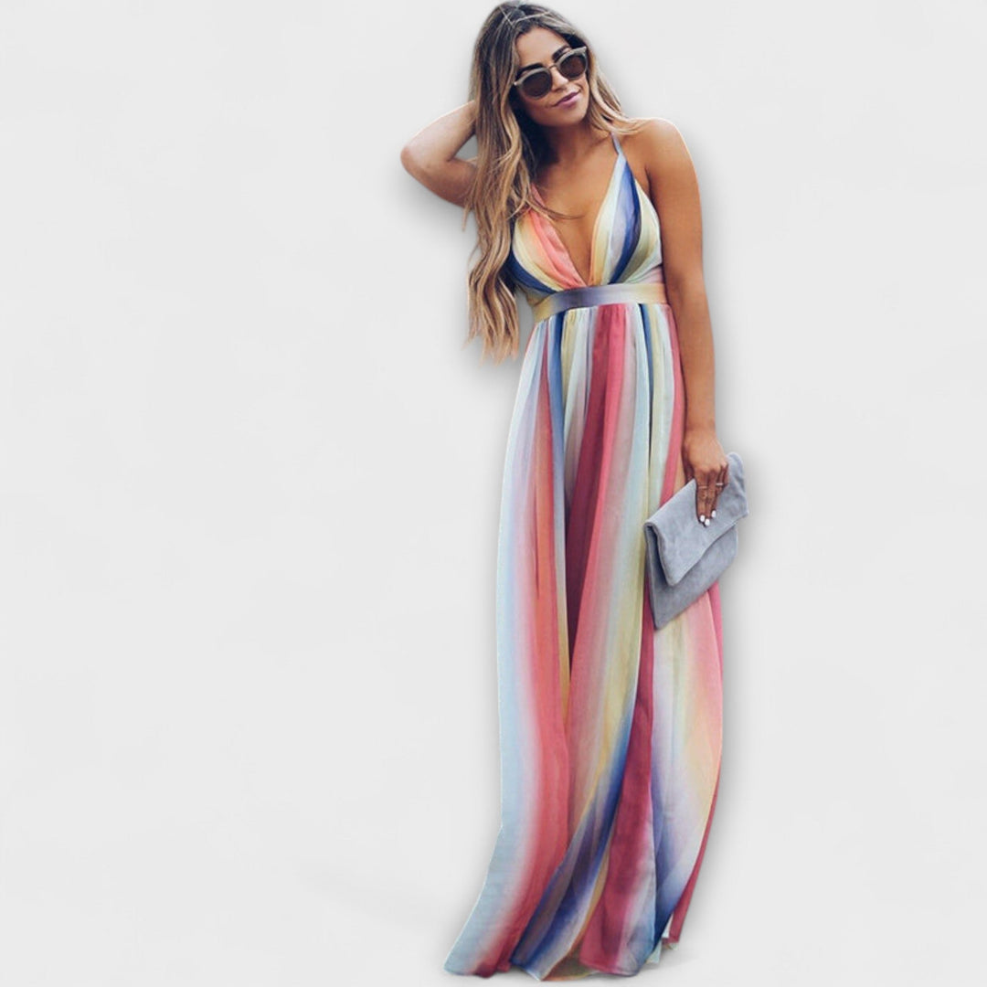 Rita | Mehrfarbig Gestreiftes Damenkleid mit V-Ausschnitt