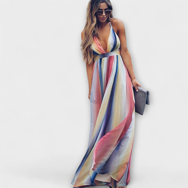 Rita | Mehrfarbig Gestreiftes Damenkleid mit V-Ausschnitt