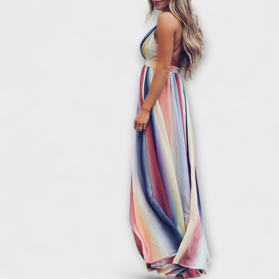 Rita | Mehrfarbig Gestreiftes Damenkleid mit V-Ausschnitt
