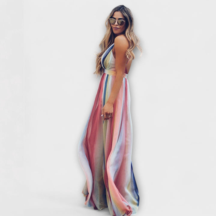 Rita | Mehrfarbig Gestreiftes Damenkleid mit V-Ausschnitt