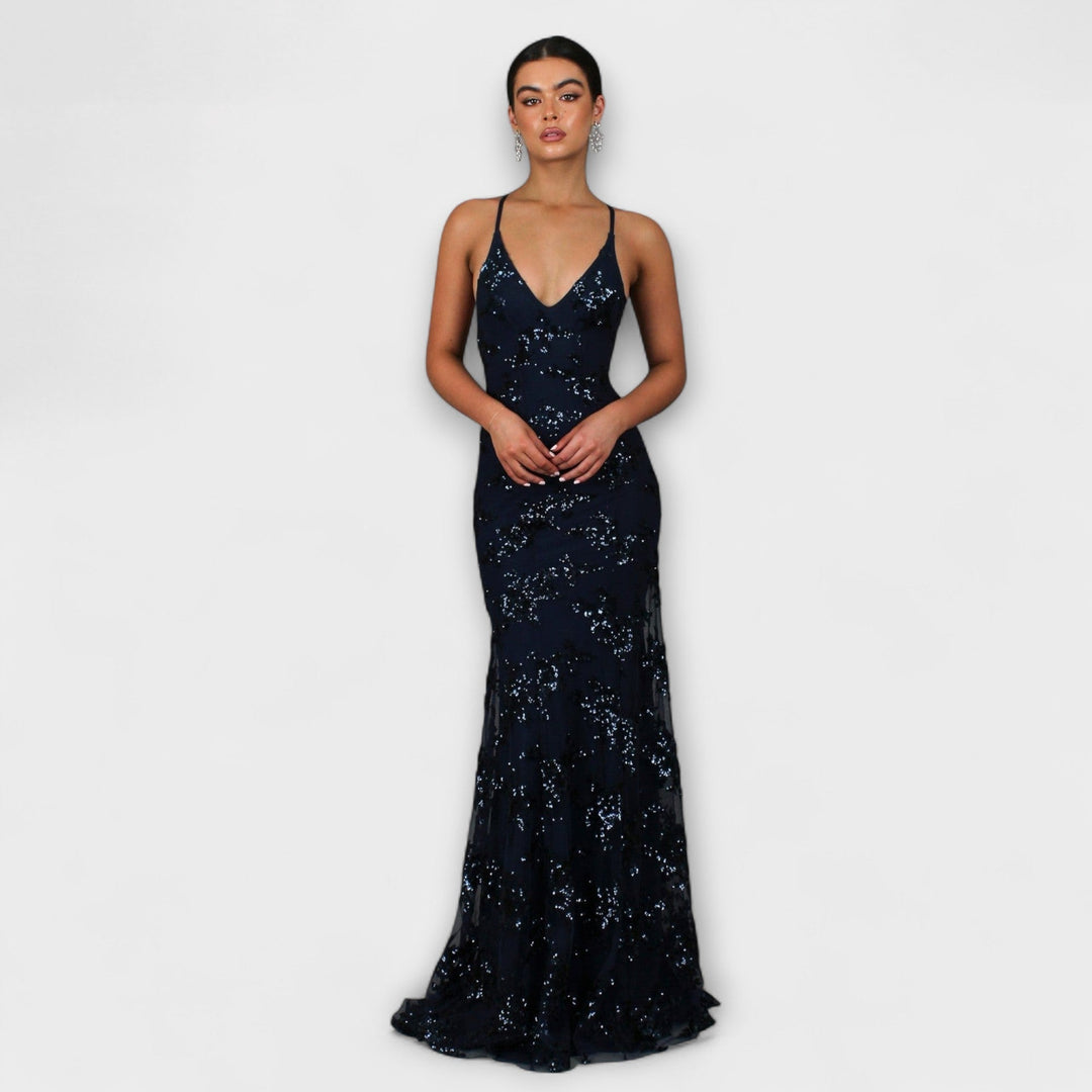 Anneliese | Rückenfreies Maxikleid mit Pailletten-V-Ausschnitt