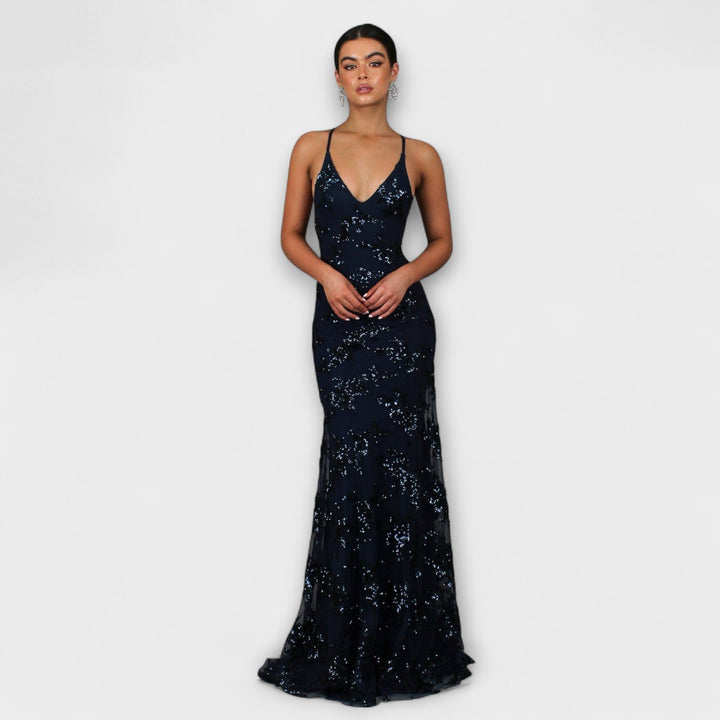 Anneliese | Rückenfreies Maxikleid mit Pailletten-V-Ausschnitt
