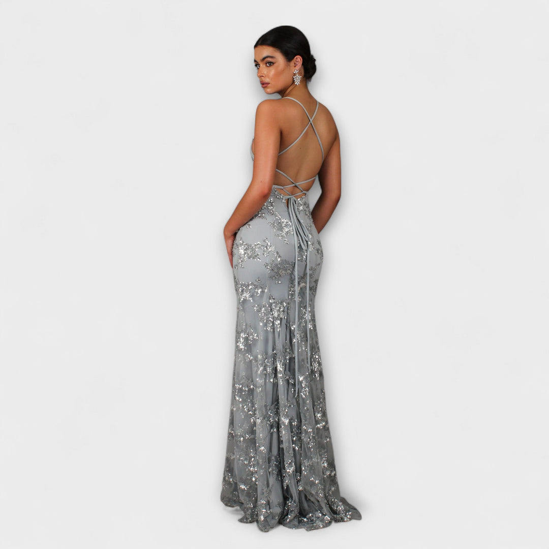 Anneliese | Rückenfreies Maxikleid mit Pailletten-V-Ausschnitt