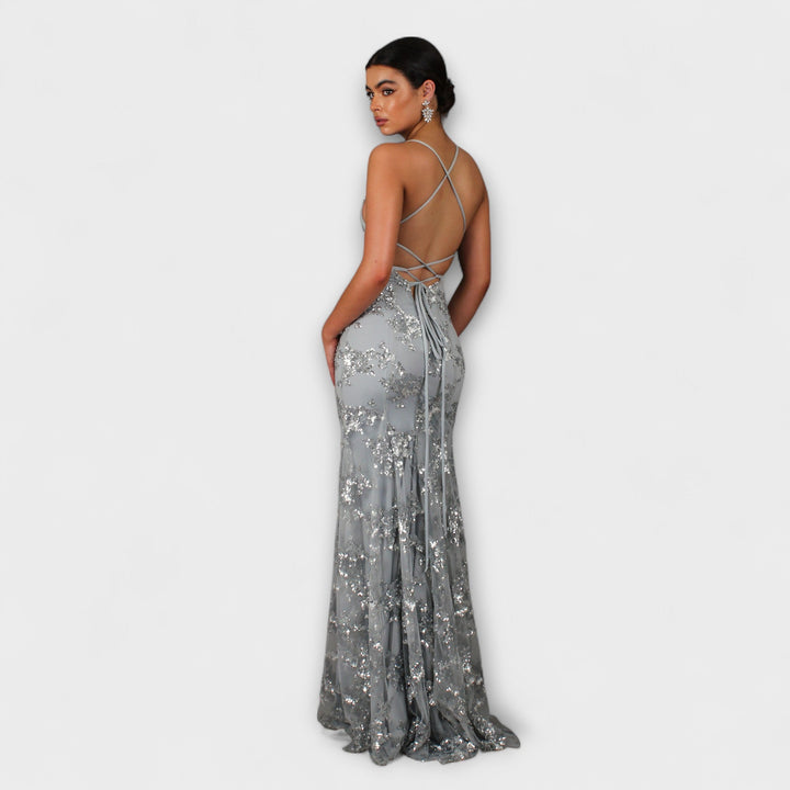 Anneliese | Rückenfreies Maxikleid mit Pailletten-V-Ausschnitt
