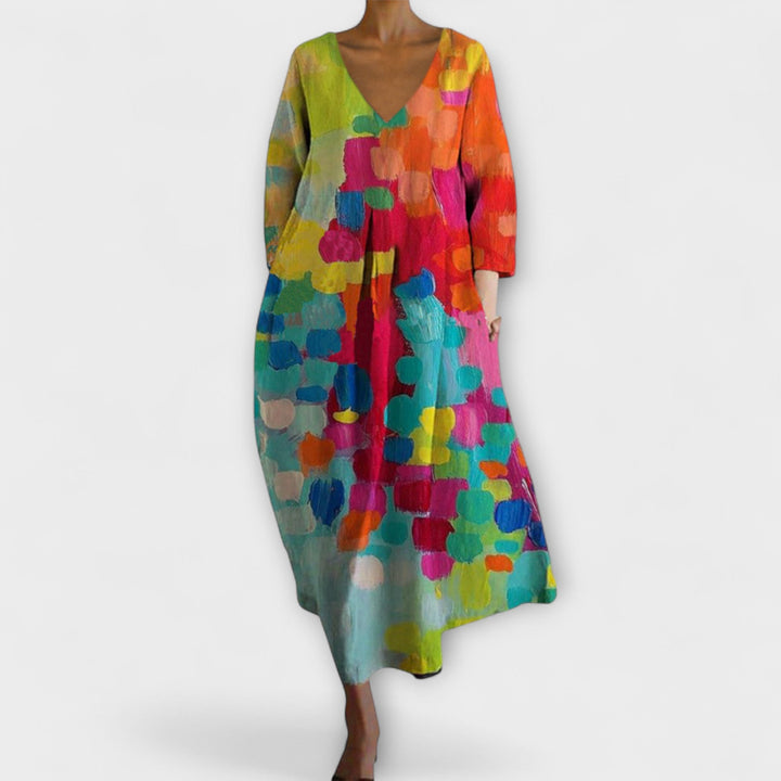 Erika | Langes, farbenfrohes Kleid mit V-Ausschnitt