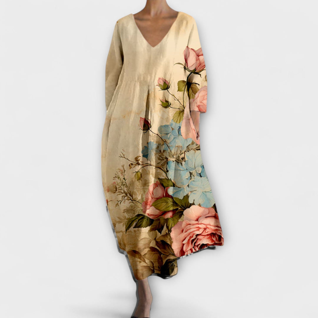 Erika | Langes, farbenfrohes Kleid mit V-Ausschnitt