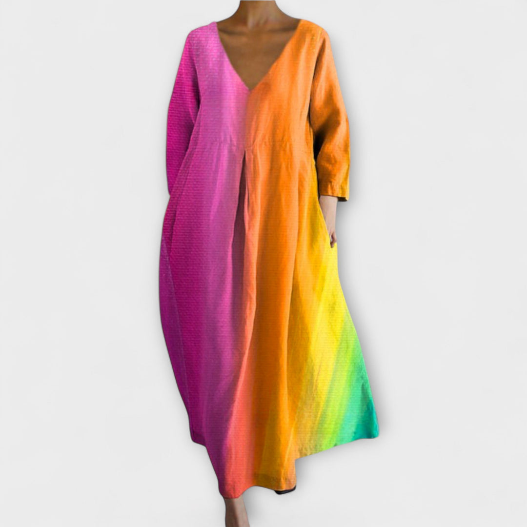 Erika | Langes, farbenfrohes Kleid mit V-Ausschnitt