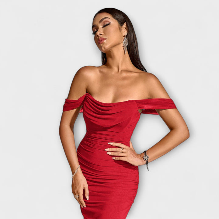 Solveig | schulterfrei Raffung figurbetont Kleid