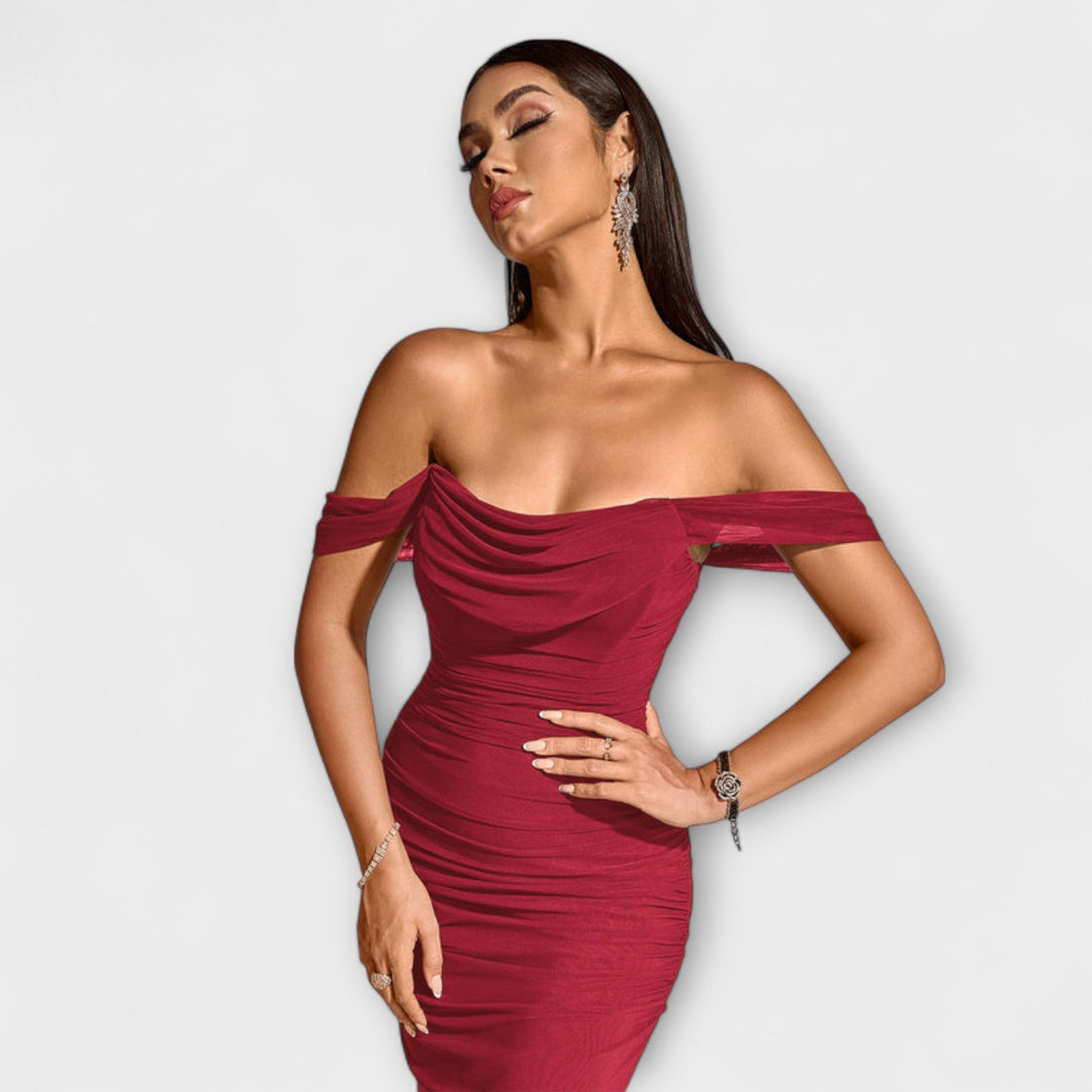 Solveig | schulterfrei Raffung figurbetont Kleid