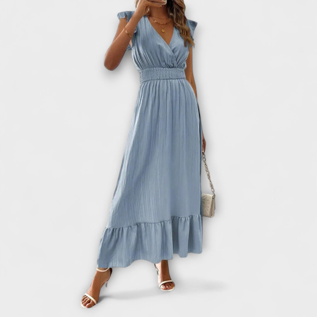 Doris | Maxikleid mit gerüschten Ärmeln und tiefem V-Ausschnitt