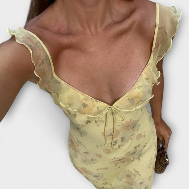 Traudel | Kryptografisches Maxikleid mit tiefem Ausschnitt und Blumenmuster