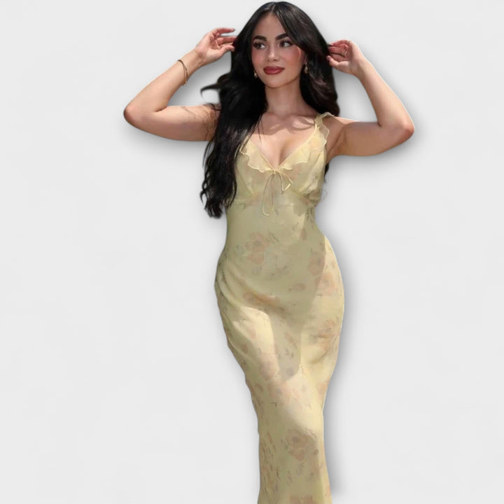 Traudel | Kryptografisches Maxikleid mit tiefem Ausschnitt und Blumenmuster