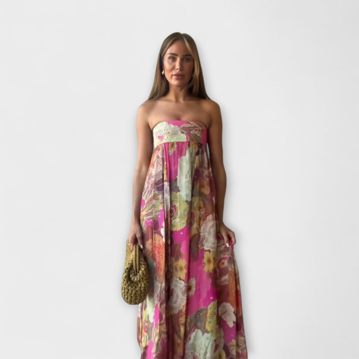 Erika | Schickes Retro Trägerloses Plissiertes Maxikleid