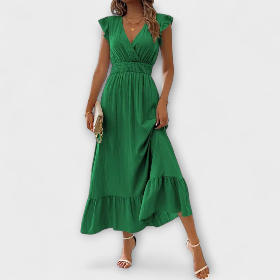 Doris | Maxikleid mit gerüschten Ärmeln und tiefem V-Ausschnitt