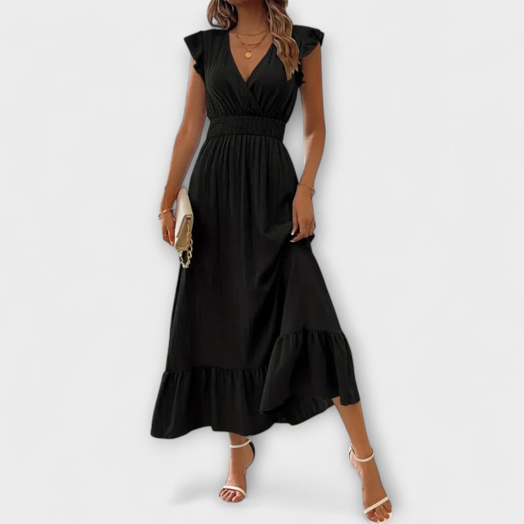Doris | Maxikleid mit gerüschten Ärmeln und tiefem V-Ausschnitt