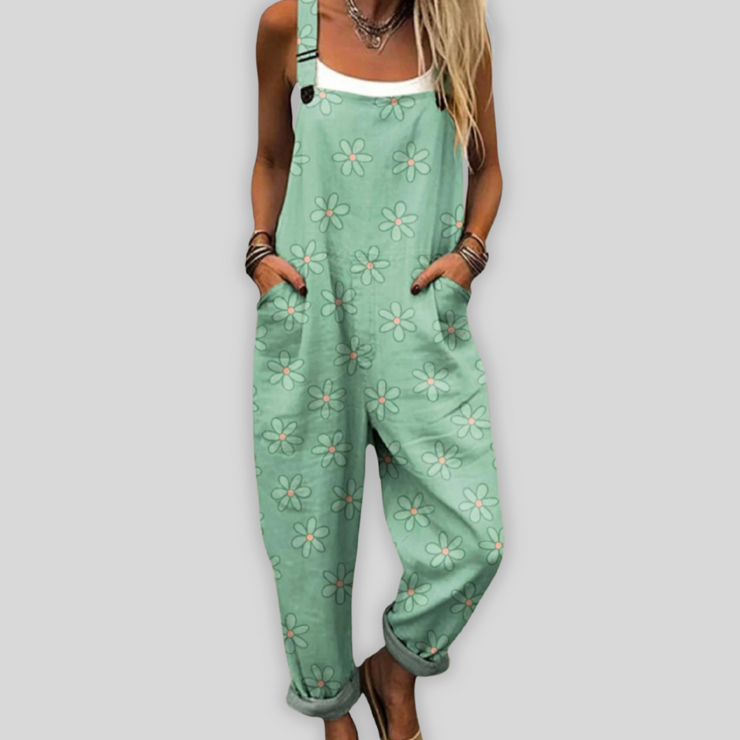 Ottilie | Grüne Latzhose mit Blumenmuster