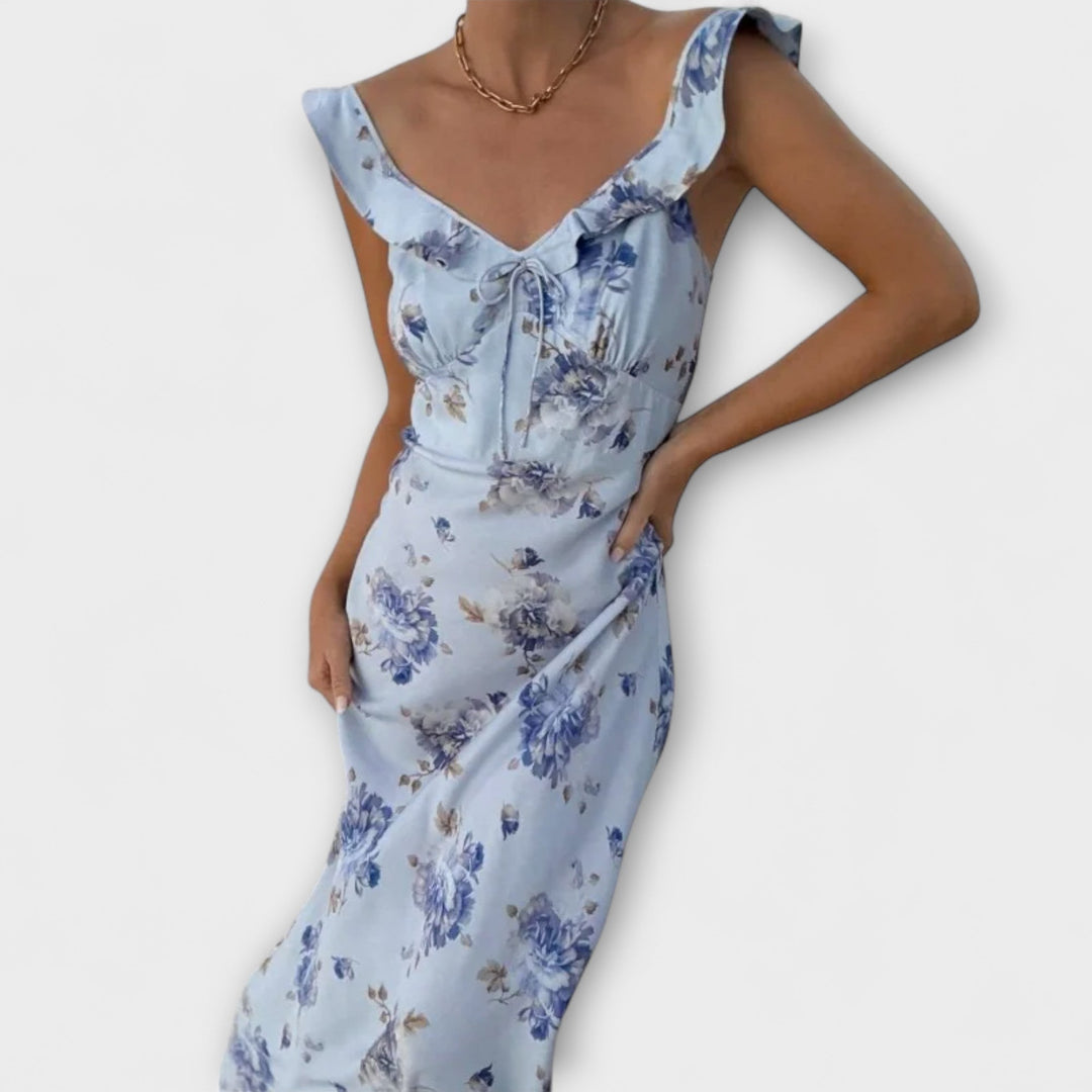 Traudel | Kryptografisches Maxikleid mit tiefem Ausschnitt und Blumenmuster
